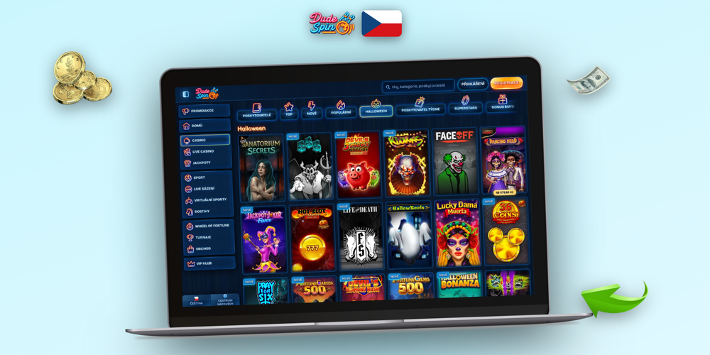 Stažení Dudespin Casino na počítač odhaluje přehledný herní lobby s bočním menu
