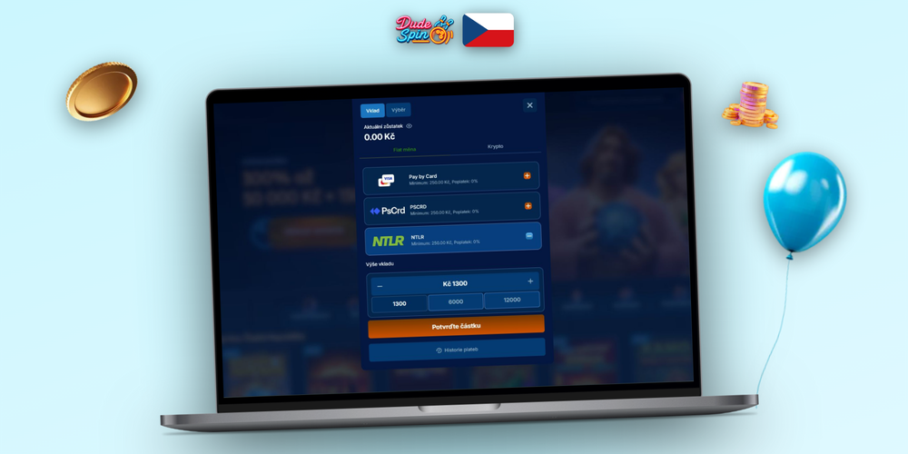 Dudespin Casino – pokladna na počítači a mobilní potvrzení vkladu v korunách CZK
